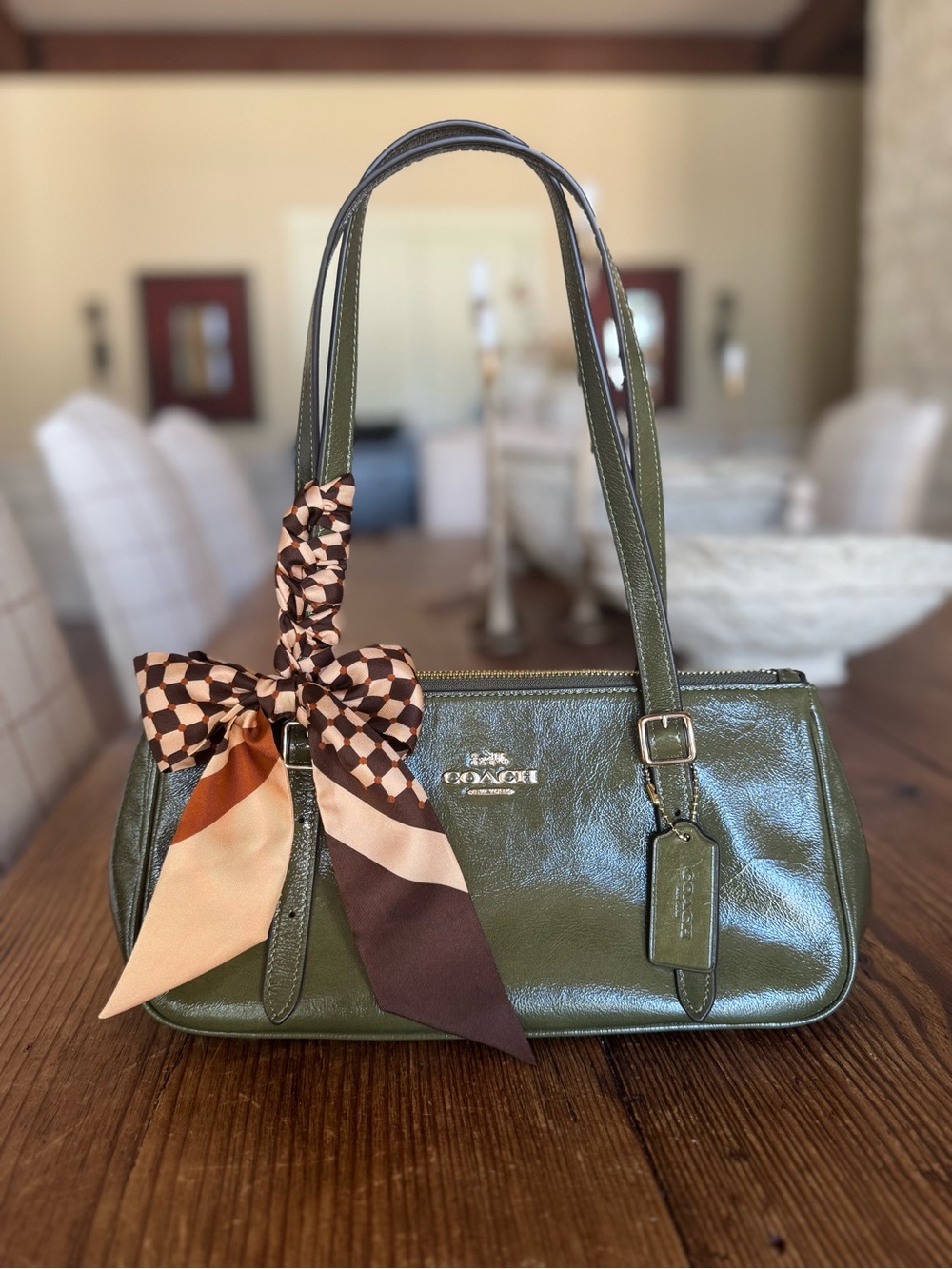 Coach Asher Shoulder Bag in Olive Green Glazed Leather EUC